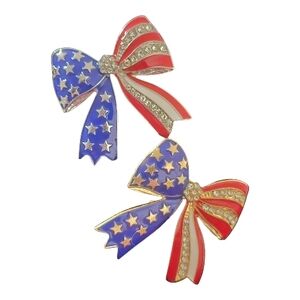 Mint Starry Bow Brooch American Flag Red, White, Blue In Gold Or Silver Tone New